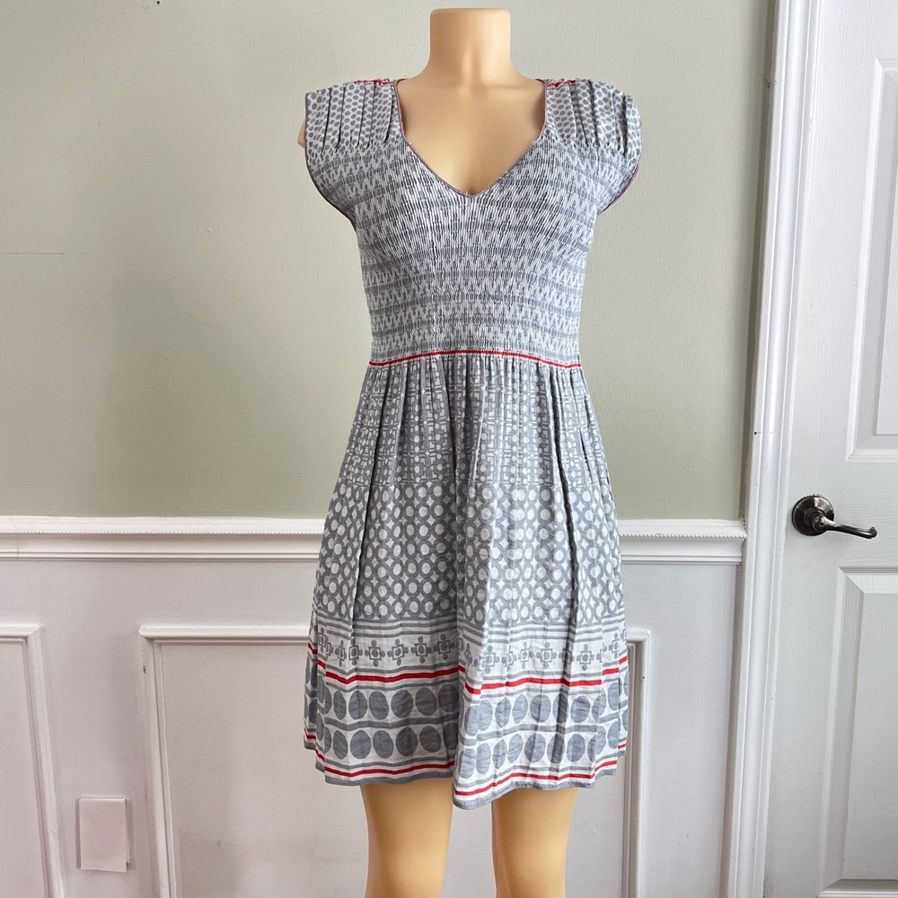 Max Cotton Smocked Fit Flare‎ Dress Womens S Blue Geometric Cap Sleeve Mini Boho